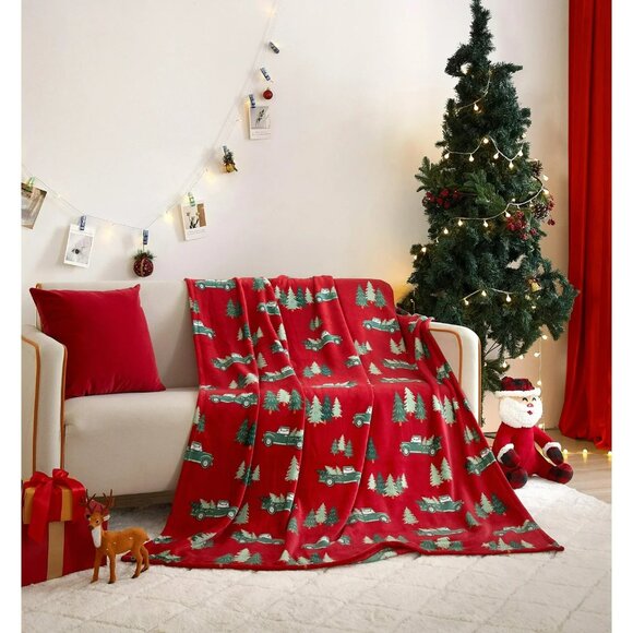 Holiday Time Christmas Tree Truck Plush Throw Blanket 50" x 60" Red - Picture 2 of 9